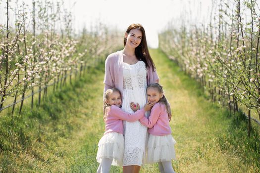 Portrait of a mother and her twin daughters in a blooming Apple orchard.