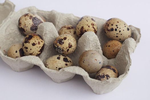 quail eggs in a paper container closeup