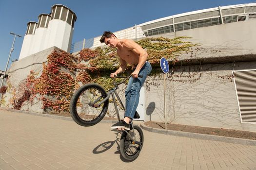 Teenage BMX rider is performing tricks in park