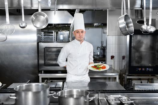 Chef in a restaurant holds a plate with a ready-made dish
