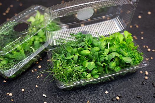 Assortment of micro-greens in the box. Mix.