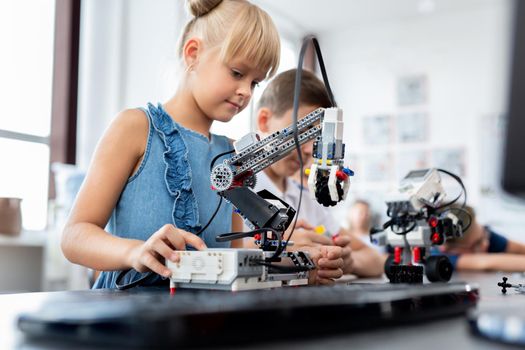 Children in a robotics class in the classroom