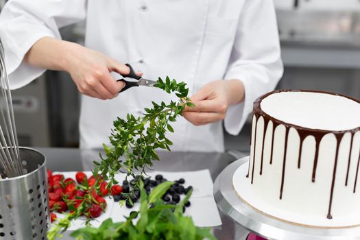 Pastry chef prepares herbs for decorating the cake.