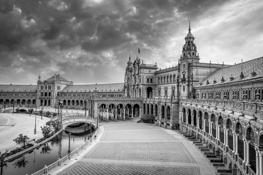 Spain, Seville. Spain Square, a landmark example of the Renaissance Revival style in Spanish architecture