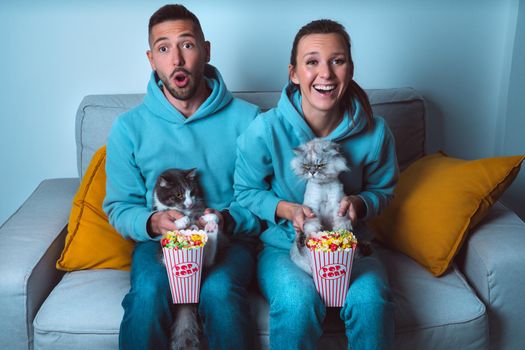 Young happy couple with popcorn and funny cats sitting on sofa watching comedy movie and enjoying time together at home. High quality photo