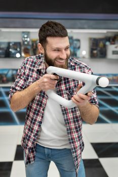 Young man plays a video games console VR with an controller.