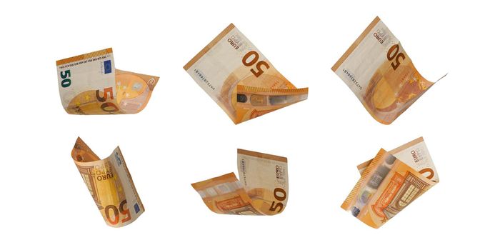 Flying 50 euro cash banknotes isolated on white background. High quality photo