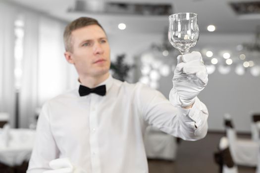 Male waiter in white gloves rubs a wine glass