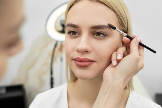 Closeup beautiful woman with eyebrow brush tool, makeup artist combs eyebrows close up.