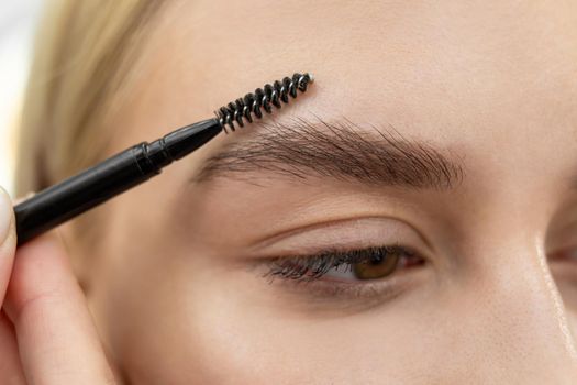 Closeup beautiful woman with eyebrow brush tool, makeup artist combs eyebrows close up.