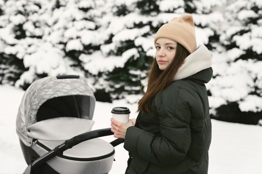 Portrait of a young beautiful woman with a stroller in a snowy park in winter.