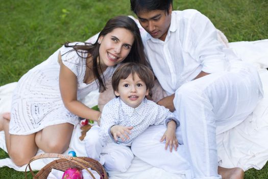 Family picnic of a happy family in the park on a green lawn.