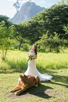 Beautiful bride and a lioness in the picturesque nature