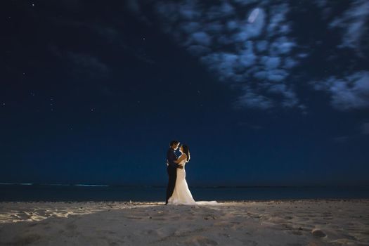 The bride and groom. Starry sky. Drawing light.