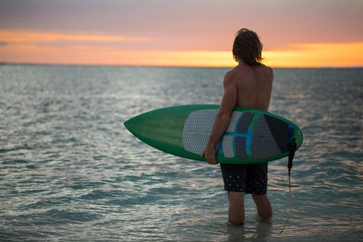 Silhouette paddle board surfer on the sunset background