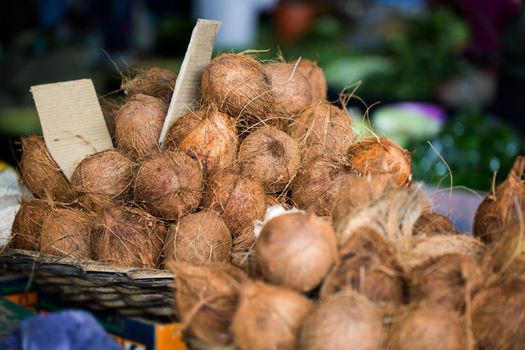 Selling fresh coconuts in the Indian market in Mauritius