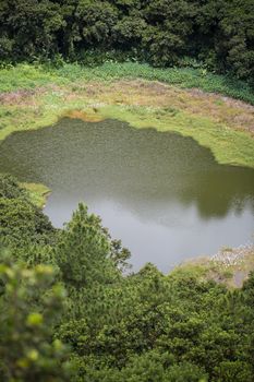 Crater of the volcano with green forest and a lake in Mauritius.