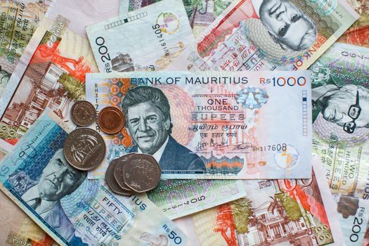 Mauritius money. Mauritius Rupee notes and coins close up.