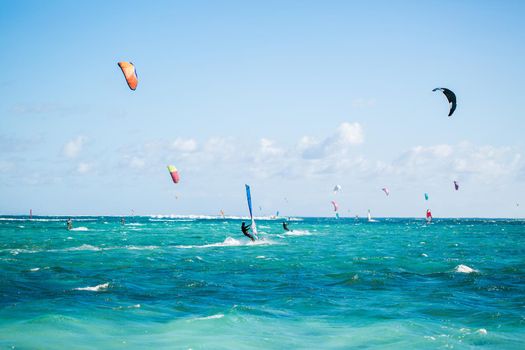 Windsurfers on the Le Morne beach in Mauritius