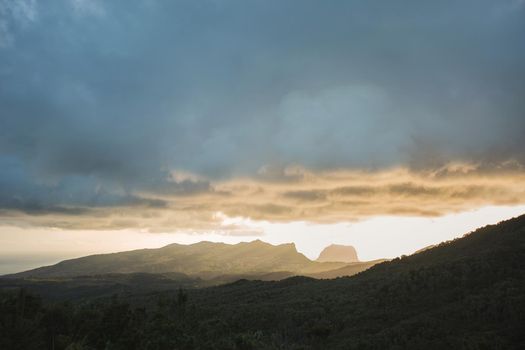 Nice view of the ocean, mountains and clouds. Mauritius Island.