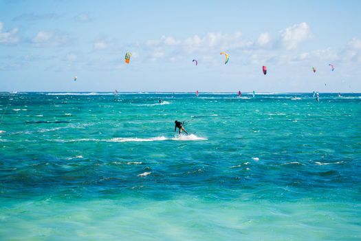 Kitesurfers on the Le Morne beach in Mauritius