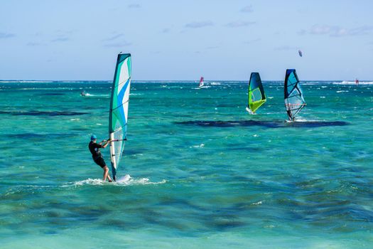 Windsurfers on the Le Morne beach in Mauritius