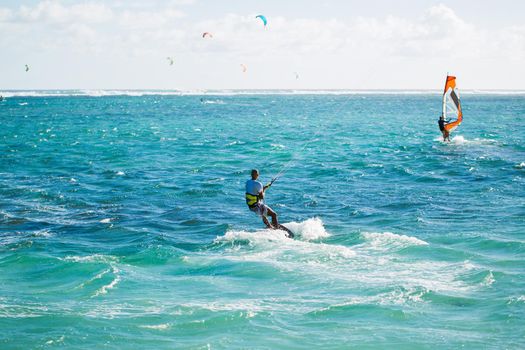 Kitesurfers on the Le Morne beach in Mauritius