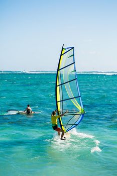 Windsurfers on the Le Morne beach in Mauritius