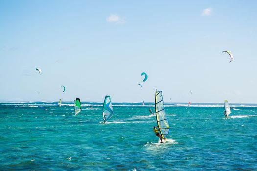 Windsurfers on the Le Morne beach in Mauritius