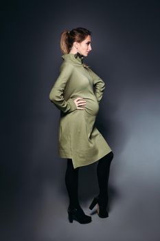 Portrait of elegant and fashionable pregnant brunette woman posing at dark studio. Stylish woman wearing in khaki dress, holding pregnant belly, looking at side. Concept of pregnancy.