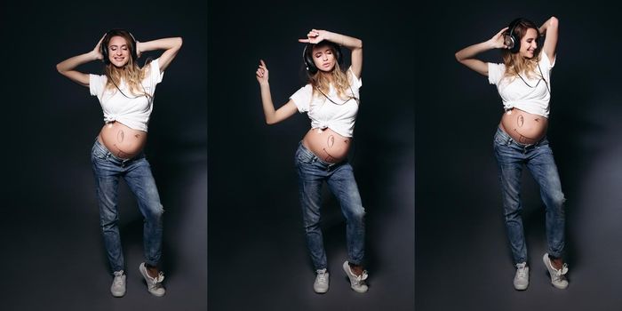 Collage of stylish pregnant mom dancing at studio, smiling and rising up by hands. Pretty expectant woman with naked belly listening music by big earphones and holding arms up. Different view.