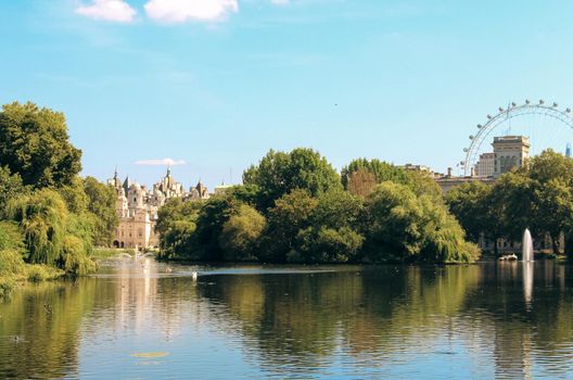The vibrant lake and gardens of St. James Park, in front of the London eye, on a summers' day, London, UK. High quality photo.