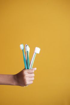 holding many colorful tooth brush against yellow .