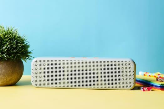 smart speaker and keyboard with copy space on white background.