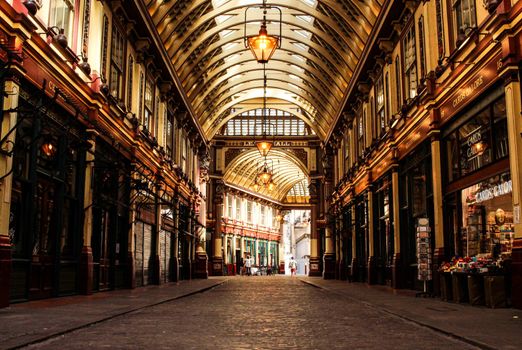 'Leadenhall market' and its' shopping stores from ground view, central London, UK. High quality photo.