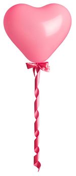 Pink heart as air balloon with tied bow and curly silk isolated on white background