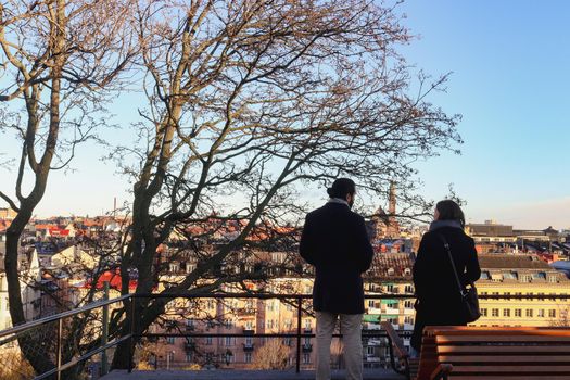 Anonymous couple overlooking the Stockholm skyline in a park, on a sunny winters' day, Norrmalm, Sweden. High quality photo.