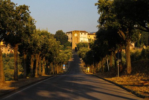 Italian hamlet, clock tower, hotel and village between vineyards split by an avenue of trees in the hills of the Tuscany countryside at sunset, Italy. High quality photo.