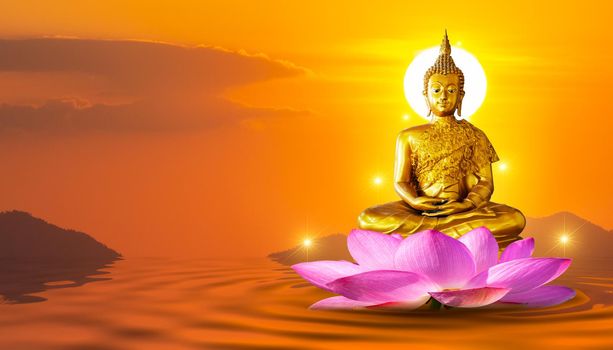 Buddha statue water lotus Buddha standing on lotus flower on orange background