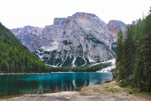 View of Lago di Braies. Dolomites mountains, Italy, Europe