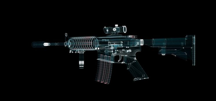 Submachine Gun Hologram. Weapon and Technology Concept. Interface element. 3d illustration