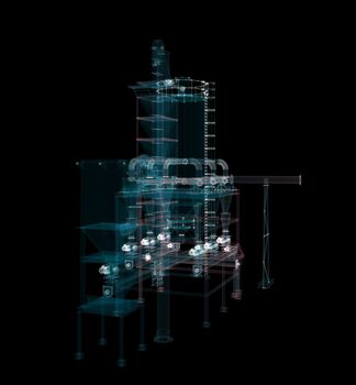 Industrial Technology Concept. Particle hologram industrial equipment, valves, pipes and sensors. Industry 4.0 High Tech Concept. 3d illustration