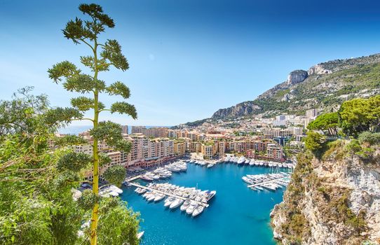 Panoramic image of Port Fontvieille - Monaco, top view from Monaco Ville, azur water, sun reflections on the water, harbour at sunny day, luxury apartments, a lot of yachts and boats, mountain. High quality photo