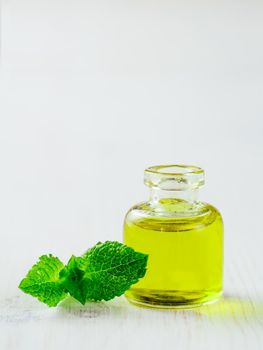 Organic essential mint oil or melissa oil with green leaves of mint. Mint melissa oil on white tabletop with copy space. Vertical