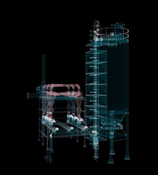 Industrial Technology Concept. Particle hologram industrial equipment, valves, pipes and sensors. Industry 4.0 High Tech Concept. 3d illustration