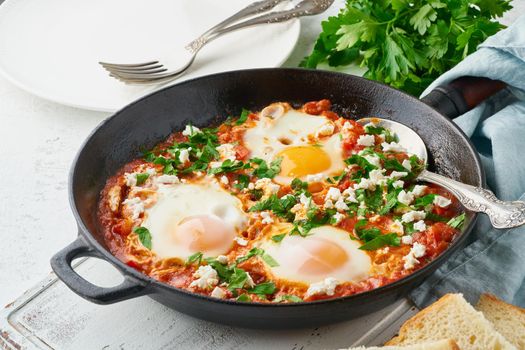 Shakshouka, eggs poached in sauce of tomatoes, olive oil, peppers, onion and garlic, Mediterranean cousine. Keto meal, FODMAP recipe, low carb. Side view, close up