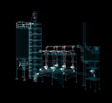 Industrial Technology Concept. Particle hologram industrial equipment, valves, pipes and sensors. Industry 4.0 High Tech Concept. 3d illustration