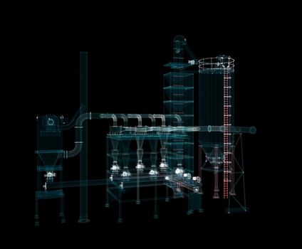 Industrial Technology Concept. Particle hologram industrial equipment, valves, pipes and sensors. Industry 4.0 High Tech Concept. 3d illustration