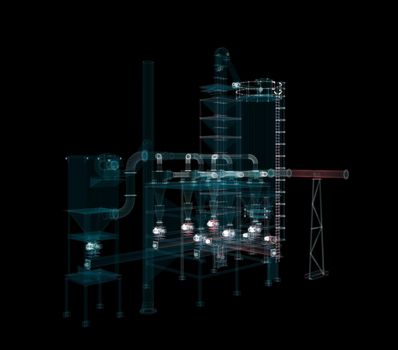 Industrial Technology Concept. Particle hologram industrial equipment, valves, pipes and sensors. Industry 4.0 High Tech Concept. 3d illustration