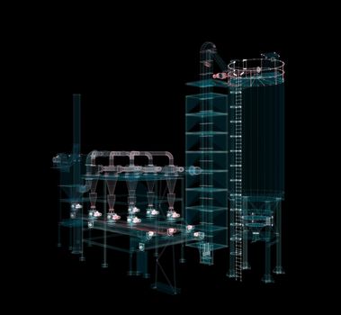 Industrial Technology Concept. Particle hologram industrial equipment, valves, pipes and sensors. Industry 4.0 High Tech Concept. 3d illustration